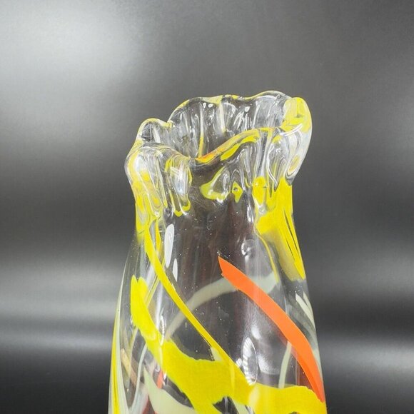 Hand Blown Studio Art Glass Swung Vase Clear Multicolor Swirls Hand Made Glass - Picture 11 of 16